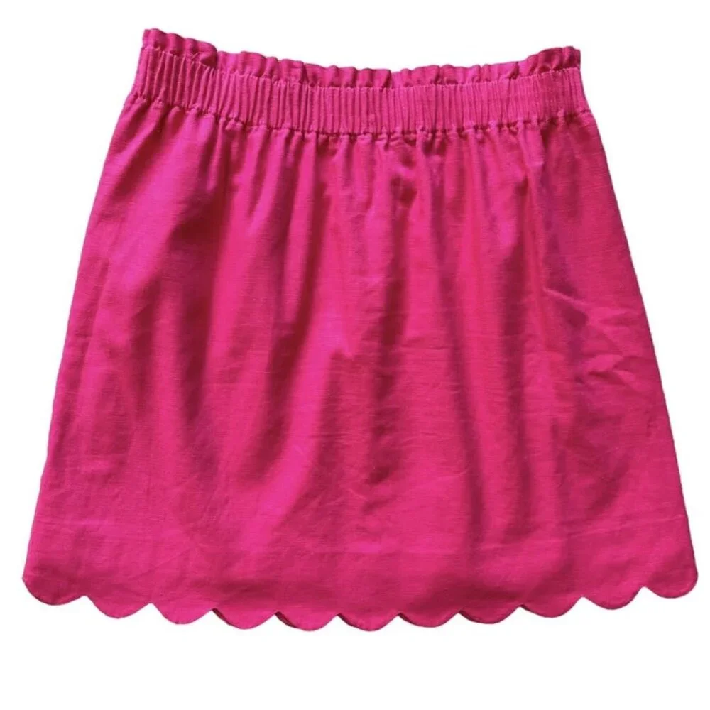 J Crew Hot Pink Linen Blend Scalloped Hem Elastic Waist Skirt w Pockets size 8